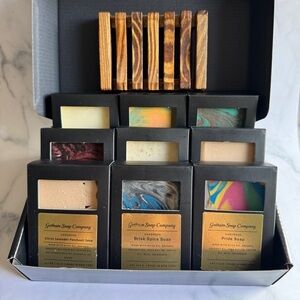 Deluxe Soap Box. Nine handmade plant based Soaps and Bamboo Soap Dish.